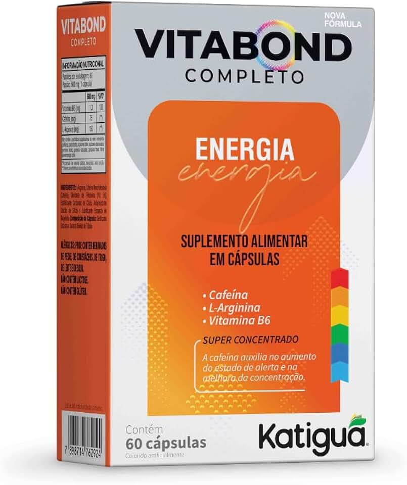 Katiguá, Polivitamínico Vitabond Energia, Completo, Com cafeína, L-Arginina e Vitamina B6, Super Concentrado, 60 Cápsulas rígidas • 60 doses