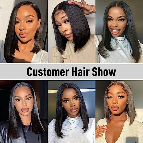 Image of Wear and Go Glueless Bob Wig Human Hair Straight, 6x4 Pre-Cut HD Lace Glueless Wigs Pre-Plucked, Transparent Lace Front Closure Wigs for Women 180% Density 10 inch