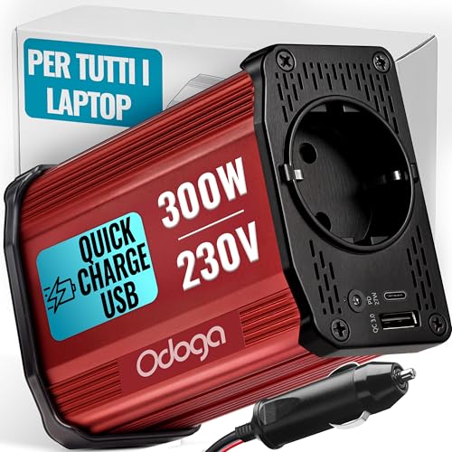 Odoga Inverter 12v 220v Auto, 300W Convertitore – Adattatore Presa Auto a Presa Elettrica – Trasformatore per Automobile & Camper Con Doppia Porta di Carica USB