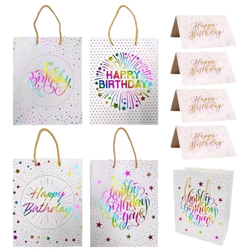 4 Piezas De Bolsas De Regalo De Papel Y 4 Tarjetas, Suministros De Envases De Regalo, Suministros De Fiesta De Cumpleaños, Bolsas De Papel De Gran Capacidad.