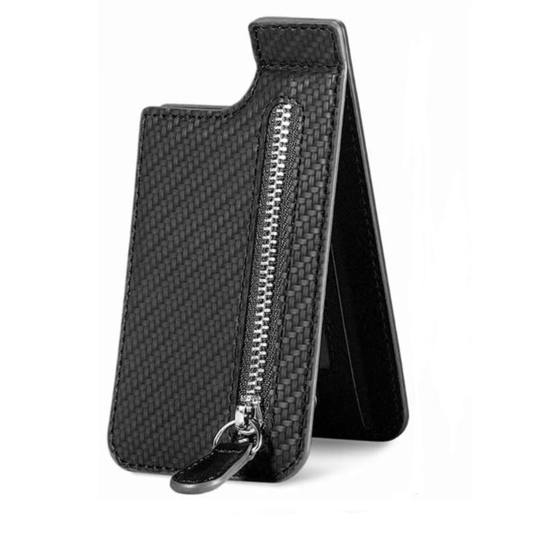 iCare Adhesive PU Leather Stick-On Phone Card Holder Wallet Stand, Foldable Carbon Fiber Vertical Flip Zipper, Stand, Adjustable, Pocket Wallet Compatible with All Smartphone. (Black)-image-45