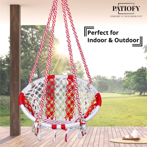 Image of Patiofy Cotton Netted Round Large Swing for Adults /Swing for Balcony /Swing Chair for Adults for Home /Hammock Swing for Adults /Swing Chair Wooden /Without Hanging Kit (120Kgs Weight Capacity White-Red)
