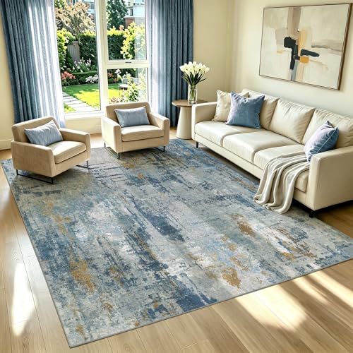 Washable Area Rugs 5x7 Abstract： No Slip Soft Luxury Living Room Rug Low Pile Neutral Carpets for Bedroom Dining Room Nursery Modern Farmhouse Home Office Indoor Floor Mat（Blue/Gold,5x7）