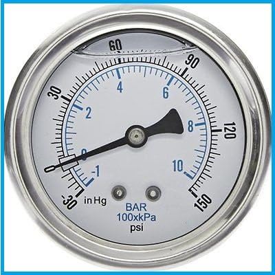 Liquid Filled Pressure Gauge, 2.5" DIAL Display, Stainless Steel CASE, Brass INTERNALS, 1/4" Male NPT Back Mount Connection, Dual Scale PSI & BAR (-30VAC - 150 PSI)