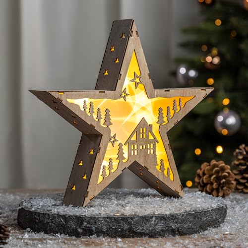 LED Weihnachts Stern aus Holz 30 cm - Motiv: Haus - Deko Aufsteller...