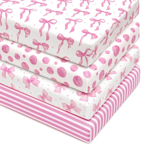 Image of 4 Pack Pink Bow Crib Sheets Girls - Fits Standard 52 inchx28 inchx8 inch Crib & Toddler Mattress, Soft Breathable Polyester Baby Nursery Bedding, Coquette Bow Polka Dot Stripe Printed Fitted Sheets for Girls