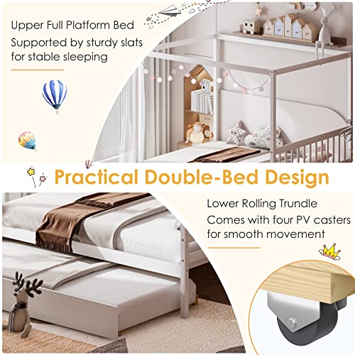 Giantex Canopy Bed W/ Trundle, Full Size Kids Solid Wood Platform Bed Frame W/ Headboard Wooden Canopy Trundle Bed For Boys Girls, No Box Spring Needed (White) #TOP2