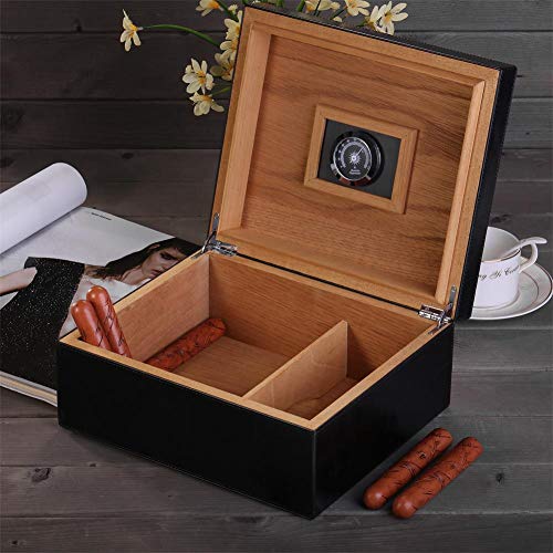 Cigar Humidor, MEGACRA Handmade Desktop Cigar Humidor with PU Leather Surface for 25-50 Cigars, Cedar Wood Lined Cigar Storage Box with Humidifier and Hygrometer