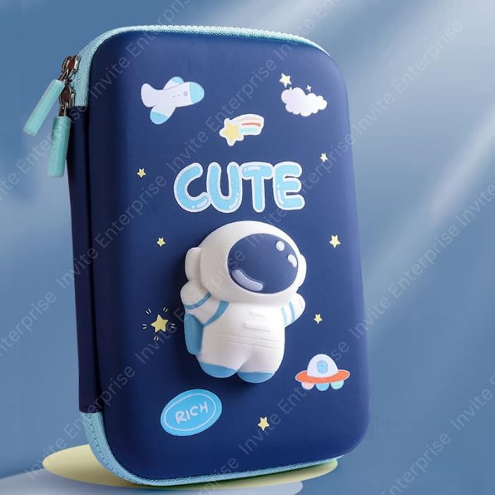 Image of Invite Enterprise 3D Polyester Cartoon Theme Pencil Case - Multipurpose Zipper Pouch for Kids, Girls - Stationery Storage Box (Cute Big) - Blue