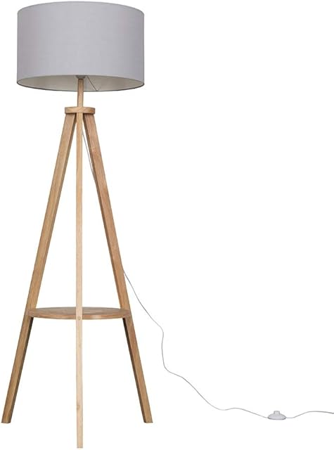 MiniSun Modern Light Wood Tripod Design Floor Lamp with Storage Shelf & Grey Drum Shade