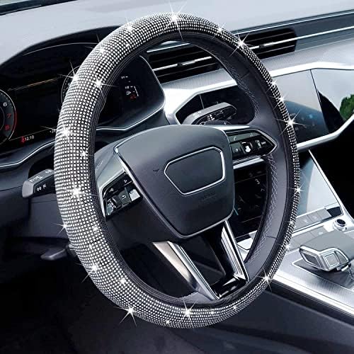 Limsas Bling Rhinestone Steering Wheel Cover with Crystal Diamond for Women, Sparkling Car Wheel Protector Universal Fit 14-15 inches - White
