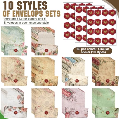 Image of TaoBary 160 Pcs Vintage Floral Stationery Paper and Envelopes Set 50 Double Sided Lined Stationery Paper with 50 Matching Envelopes and 60 Round Dot Sticker 8.5 x 11'' Letter Writing Kit, 10design