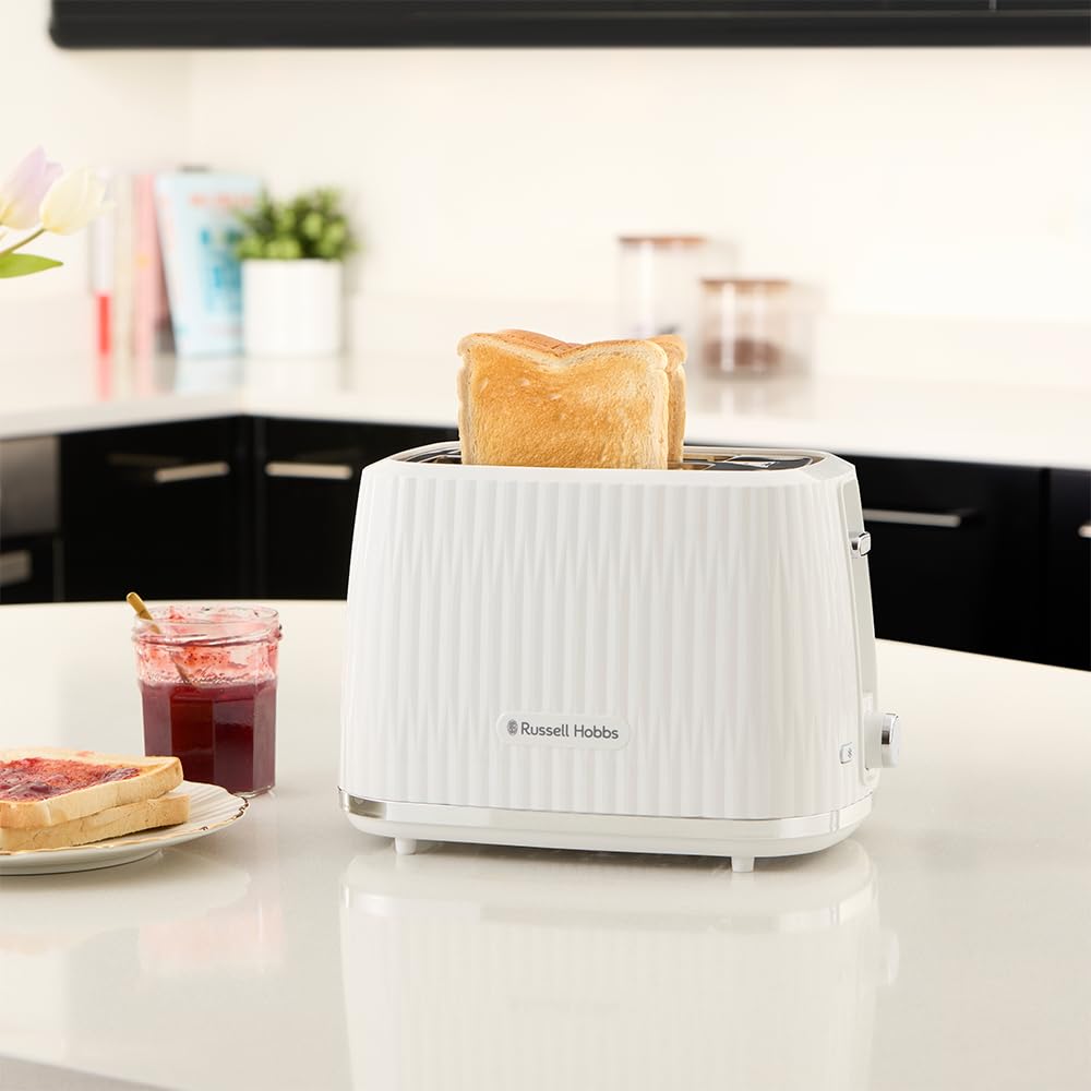 Russell Hobbs Tostapane 2 Fette (6 Gradi di Doratura, con Pinze, Scongela, Riscalda, Cancella Selezione, Vassoio Raccogli Briciole, Riscalda Panini Incluso, Esterno Testurizzato) Eden Bianco 27370-56
