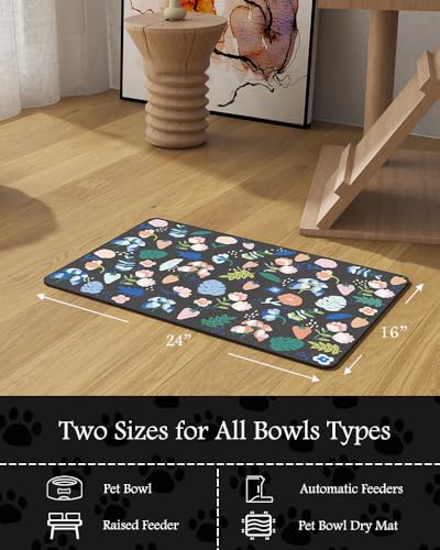 Image of Pet Feeding Mat-Absorbent Dog Mat for Food and Water Bowl-No Stains Quick Dry Water Dispenser Mat-Dog Accessories Pet Supplies-Bowl for Messy Drinkers（DARKFLOWERS,16 inchx24 inch