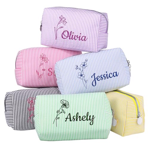 Personalized Seersucker Makeup Bag with Embroidered Name&Birth Flower,Custom Small Travel Cosmetic Bag Toiletry Bag Wedding Gifts for Bridesmaid Bride