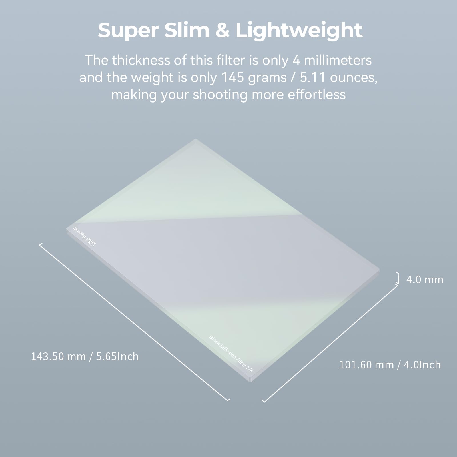 SMALLRIG 4 x 5,65" Filtre à Diffusion Noir 1/8, Filtre Carré à Densité Neutre, Verre Optique B270 Multicouche de 4 mm d'Epaisseur, Compatible avec Matte Box - 4741