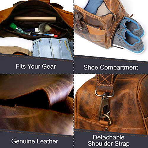 Handmade Leather Duffle Bags for Men - Weekender Bag with 2 Shoe Compartment, Underseat Carry On Travel Luggage By Rustic Town