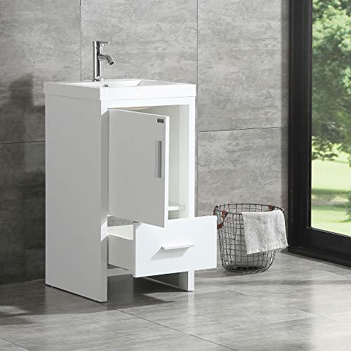 Walcut 18" White Bathroom Vanity And Sink Combo Mdf Wood Cabinet Resin Counter Top Vessel Sink Set With Faucet And Pop Up Drain #TOP1