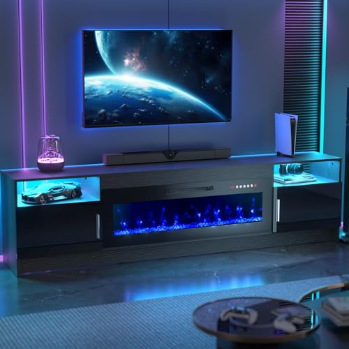 BREEZEHEAT Electric Fireplace TV Stand with 42 inch Fireplace Up to 90" TVs-Led Entertainment Center with High Glossy Doors-80 inch TV Cabinet，Moder
