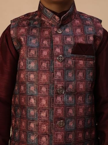 Image of Pro-Ethic Style Developer Kids Kurta Set For Boys With Waist Coat, Ethnic Wear for Diwali, Eid, Raksha Bandhan, Jacquard, Floral Print (Pack of 1)