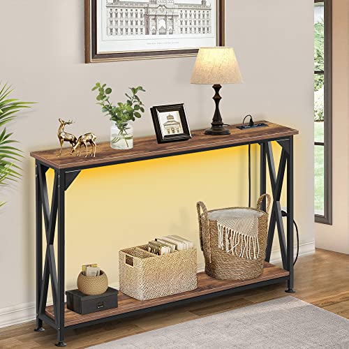 Dansion 2 Tiers Console Sofa Table With Power Outlet, Industrial Entryway Table With Open Storage Shelf, Accent Side Table With Led Strip Lights For Hallway Living Room, X-Shaped Metal Frame Support #TOP1