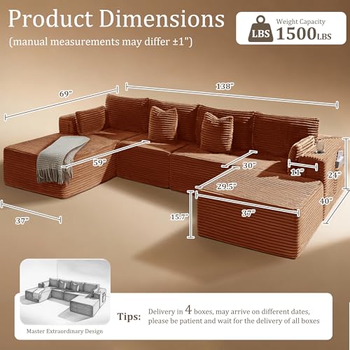 Image of 138 inch Cloud Sectional Couch, Comfort U Shaped Boneless Couch for Living Room, Extra Deep Seats No Assembly, Minimalist Modular Sofa, Corduroy (Deep Orange, 3 Seater+Left Facing Chaise+Ottoman)