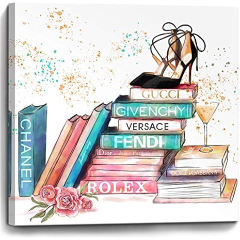 YJYart Wall Art for Bedroom Book High Heels Print Pictures Framed Canvas Art Work Wall Decor for Bathroom Girls Room Modern Popular Wall Decorations Black High Heels on Books Size 20x20 Easy to Hang Cover