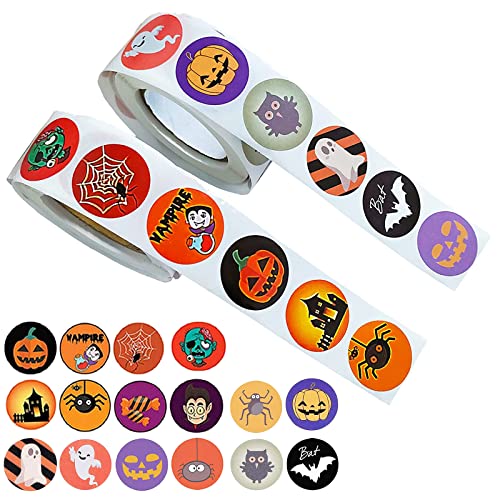 Pegatinas de Halloween 1000 Piezas Pegatinas Autoadhesivas de Halloween, Pegatina de regalo o truco Halloween Roll Pegatinas con 16 patrones para decoraciones y fiestas de Halloween(2 Rollos) Cover