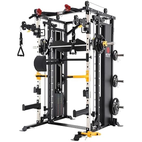 Altas Strength Light Commercial Smith Machine Home Gym with Pulley System Squat Rack Pull-Up Bar Total Body Cage Workout Equipment Tower Weight Lifting Leg Press Strength Training 3087B Cover