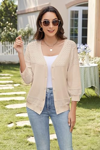 Women's Lightweight Cardigan Sweaters 3/4 Sleeve V Neck Button Down Hollowed-Out Trendy Cardigan Knit Shrugs Tops2