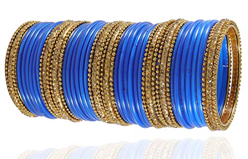 NMII Glass With Zircon Gemstone Studded Worked and Ball Chain Or Plane Gloosy Finished Bangles Set For Women and Girls,(SkyBlue_2.8 Inches), Pack Of 48 Bangles Set