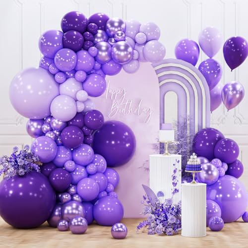 Image of PartyWoo Purple Balloon Arch Kit Garland 140pcs Different Sizes of 18 12 10 5 Inch Dark Royal Light Pastel Metallic Purple Lilac Balloons for Baby Shower Princess Birthday Butterfly Party Decorations