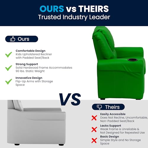 Image of Flash Furniture Vana Vinyl Kids Recliner with Cup Holder, Headrest, and Safety Recline, Contemporary Reclining Chair for Kids, Supports up to 90 lbs., Green