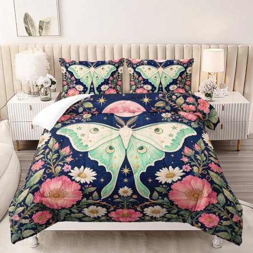 Image of AILONEN Queen Comforter Set 3 Piece, Mint Moth Pink Moon Floral 3D Printed Bedding with 2 Pillowcases, Soft Lightweight Microfiber Dreamy Decor for Master Suite
