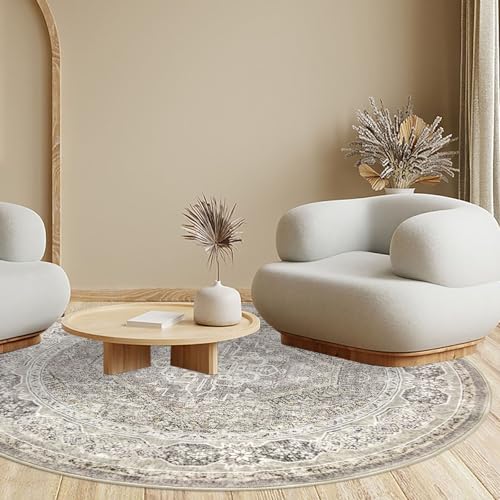 KUTA Oriental Round Rugs 6ft, Ivory Grey Yellow Circle Rug Washable 6ft, Non-Slip Printed Vintage Medallion Carpet for Living Room Dining Kitchen Indoor Entryway