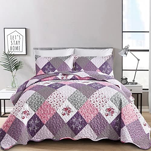 Dinjoy Purple Quilt Set King Size, Reversible Floral Plaid Patchwork Pattern Bedding Set Soft Microfiber Lightweight Bedspread Coverlet 3 Piece Spring Summer Use (104x90 inches)