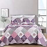 Dinjoy Purple Quilt Set Queen Size, Reversible Floral Plaid Patchwork Pattern Bedding Set Soft Microfiber Lightweight Bedspread Coverlet 3 Piece Spring Summer Use (90x90 inches)
