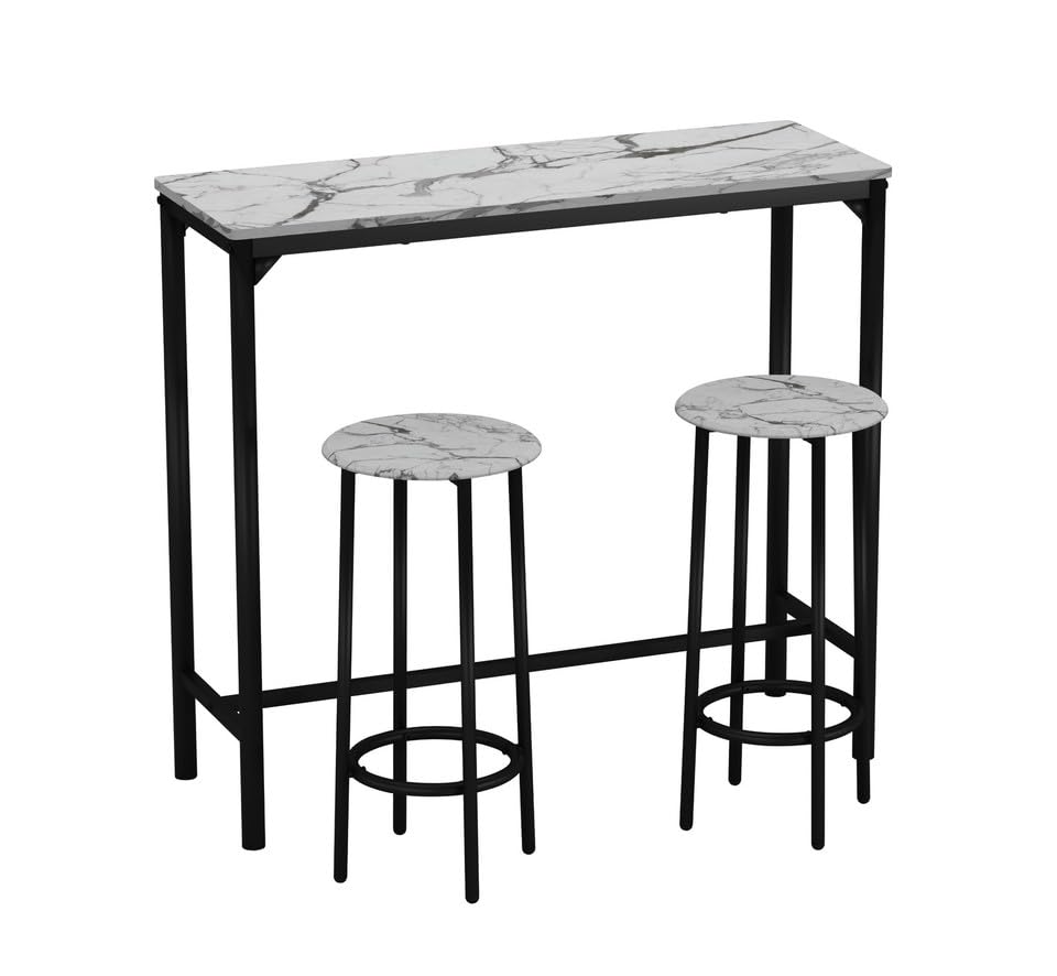 URBNLIVING CANCUN Bar Table and Stools Set – Industrial Kitchen Dining Breakfast Counter Furniture with 2 or 4 Chairs, Space-Saving Design for Home & Small Spaces - 3 Piece - White Marble