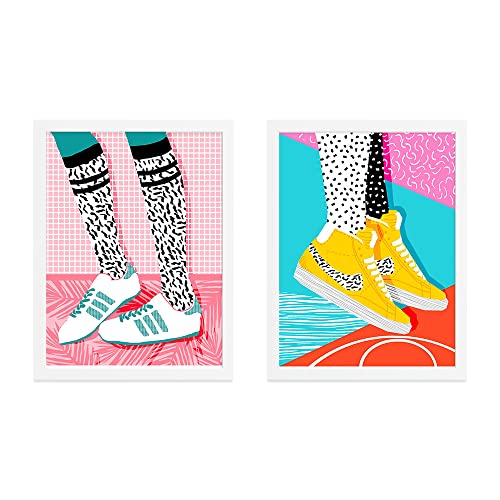 Image of PAINTINGMANTRA Duo sneakers Illustration wall art painting for living room, Duo sneakers framed painting, set of 2, 13x18 In
