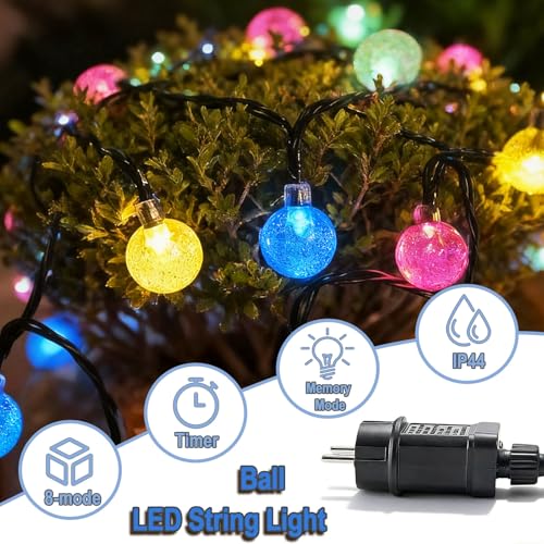 Hopelit Łańcuch świetlny na zewnątrz, kryształowe kule, 10 m, 100 LED Globe łańcuch świetlny do wnętrz, 8 trybów, wodoszczelny, IP44, łańcuch świetlny zasilany z sieci z timerem, do pokoju, ogrodu, na