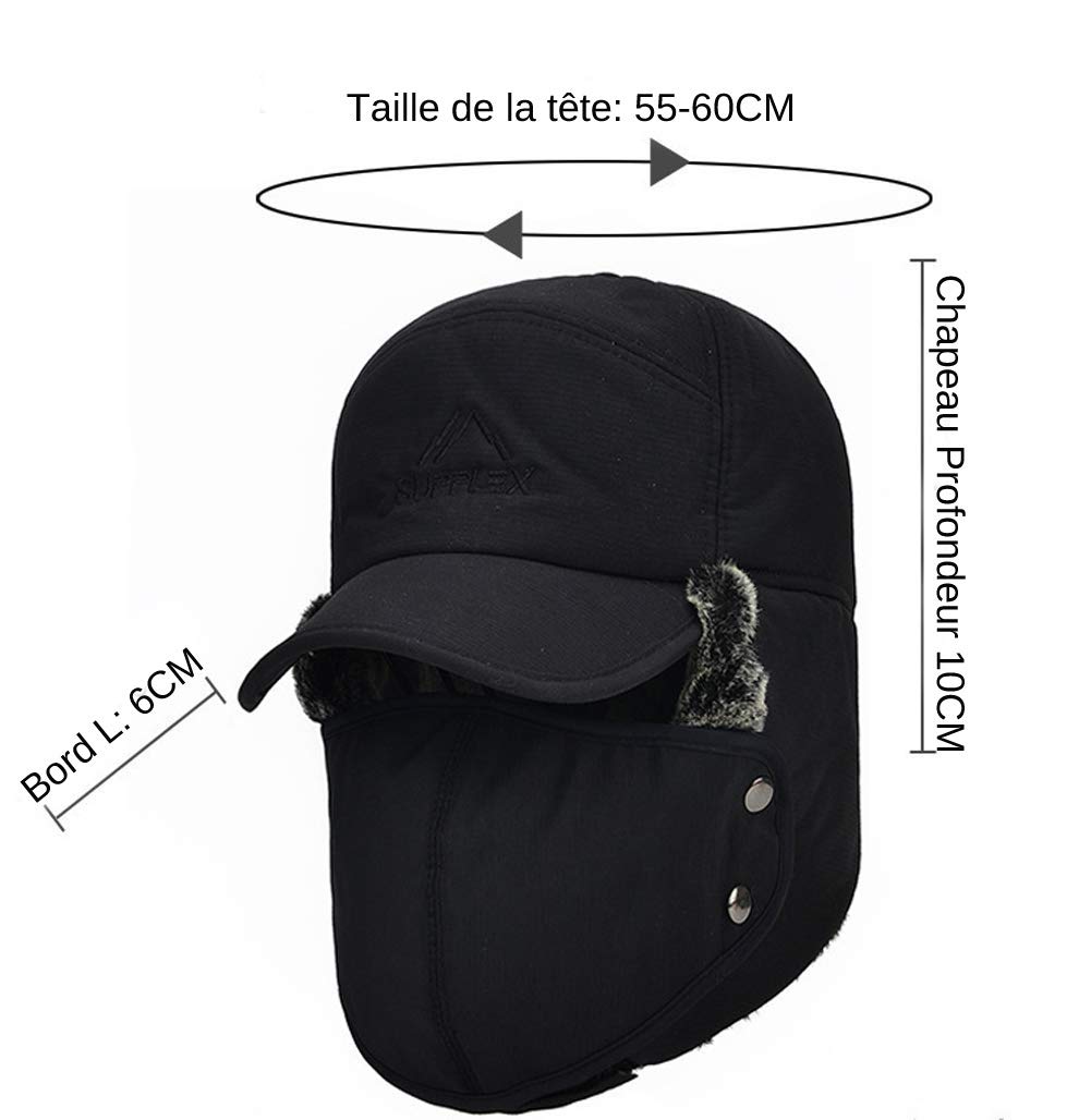 Chapka Homme Femme Chapeau de Trappeur 3 en 1 Doublure Fourrure Thermique avec Oreillette Masque Facial Cache-Cou Anti-Vent/Froid Casquette de Baseball Hiver Chaud pour Cyclisme Moto Ski Snowboard