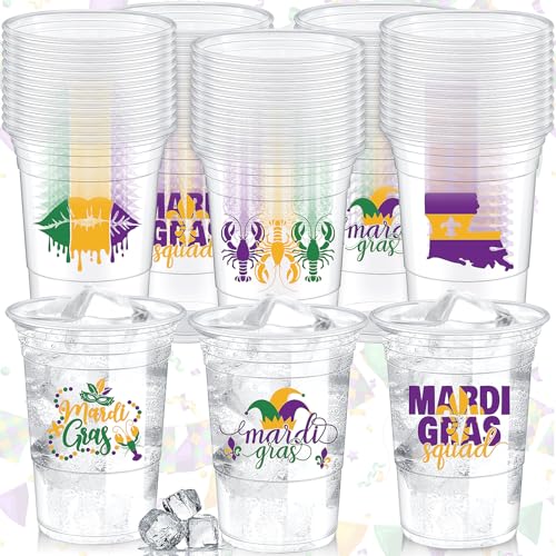 Remerry 180 Pcs Mardi Gras Cups 16 oz Disposable Thick Plastic Double-sided Pattern Carnival Party Supplies Colorful Throw Cups for Mardi Gras Celebration - 3 Styles(Clear)