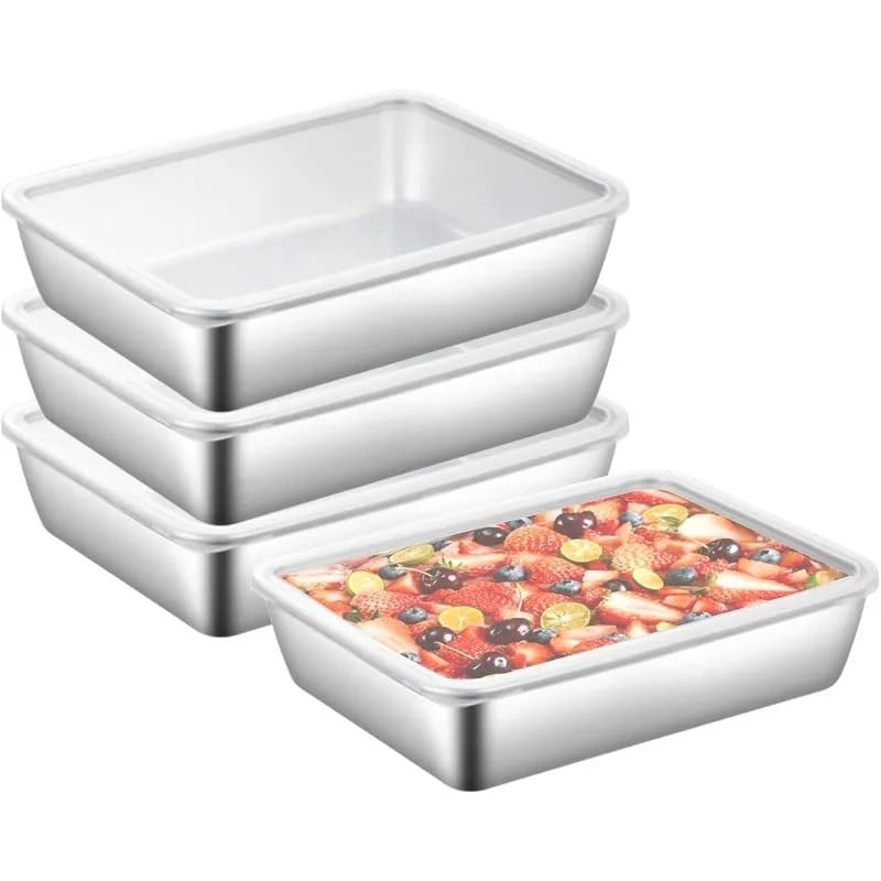 TUOYDJA Fridge Organisers,Fridge Storage 3 Pack Stainless Steel Food Grade Storage Containers With Sealing Lids Stackable Freezer Storage Boxes Baking Trays