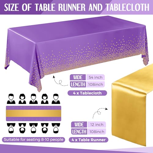 Image of Breling 8 Pack Purple and Gold Disposable Plastic Tablecloths and Satin Table Runner Set, 54 x 108 Inch Tablecloth, 12 x 108 Inch Table Runners for Wedding Graduation Birthday Baby Shower New Year