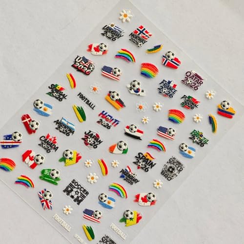 Image of Soccer Nail Stickers World Cup Flag Nail Decals Football Nails Stickers with Rainbow Design 5D Self Adhesive Patriotic Nails Charms Supply for Women DIY Manicure Decoration