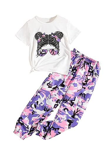 Image of OYOANGLE Girl's 2 Piece Outfits Cartoon Short Sleeve Shirt and Cargo Pants Set White Graphic 10Y