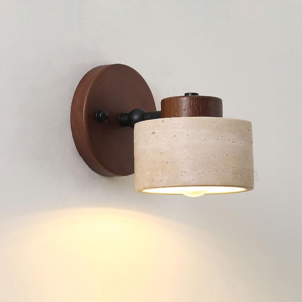 COSRUB Japanese Cylinder Stone Wall Sconce, Adjustable Travertine Wall Mounted Light Nordic Rustic Small Wall Lighting for Bedside Living Room Hallway(Walnut)