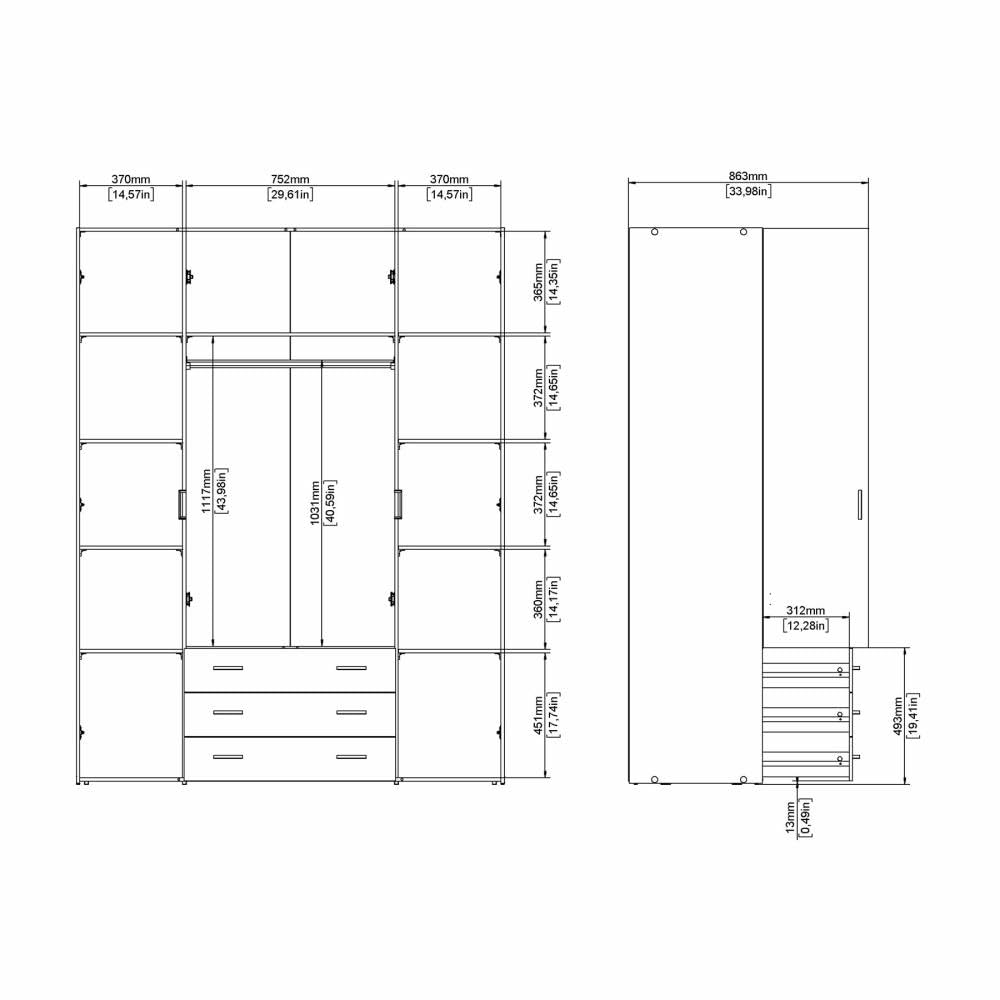 Arredo Stock Armadio 4 ante e 3 cassetti bianco, 154X49,5X200,4H