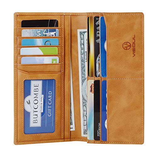 Image of VISOUL Leather Checkbook Cover Wallet for Men with RFID Blocking, Mens Long Bifold Cash Tall Wallet with 11 Credit Card Slots 1 ID Window (Tan)