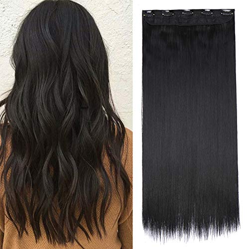 Silk-co 30" One Piece Clip in Hair Extensions Straight Jet Black Hairpiece Synthetic Half Head Heat Resistant